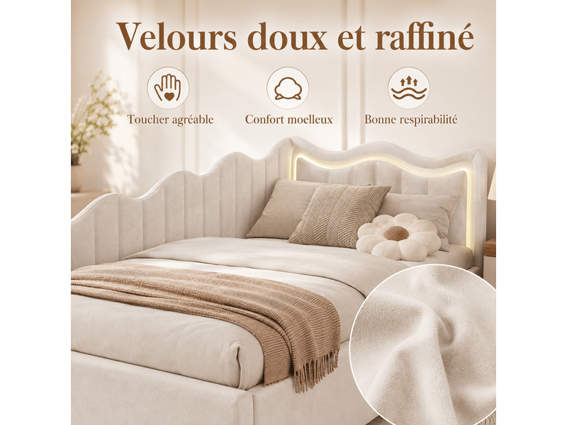 Lit capitonné 90x200cm avec led - lit enfant avec sommier - coffre de rangement - 1 personne - lit de jour - tissu sherpa - blanc - Conforama D
