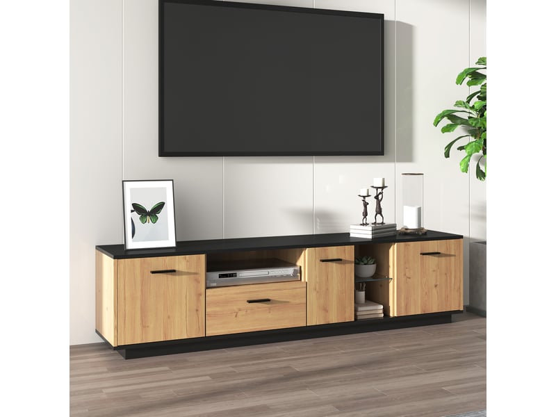  Meuble tv avec 3 portes et 1 tiroir, 180 x 37 x 45 cm, éclairage led multicolore, 2 niches ouvertes et tablettes en verre, mdf, noir Morn Vibe - Conforama D