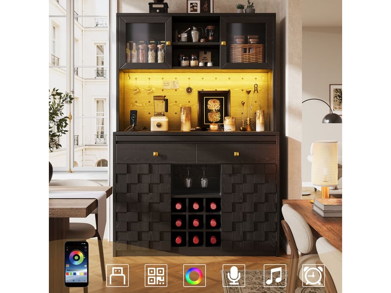  Vitrine éclairage led meuble de rangement étagères réglables façade acrylique poignées dissimulées panneau perforé porte-bouteilles à vin prises de recharge usb  - Conforama B