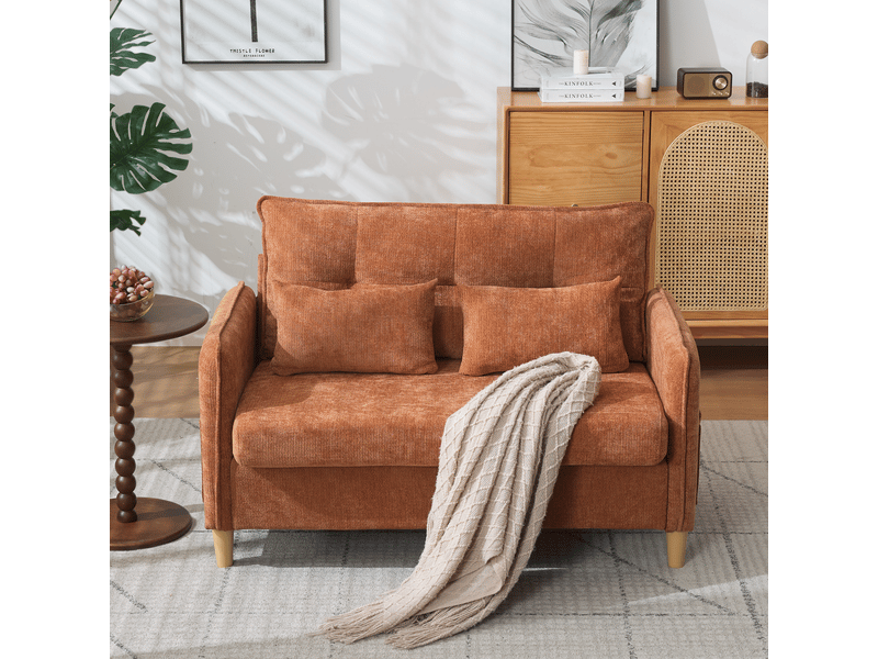 Canapé 2 places de 127 cm en tissu chenille marron avec accoudoirs et poches latérales, canapé compact pour salon  - Conforama B