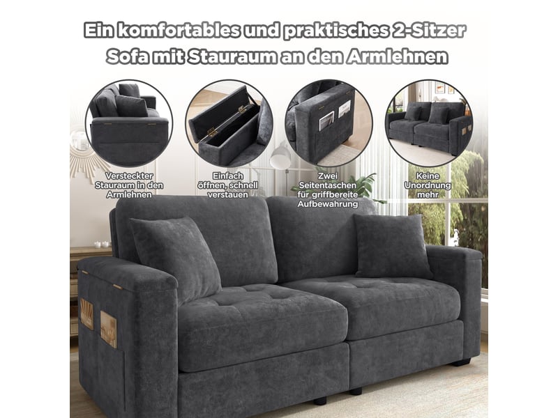 Canapé 180 cm moderne, canapé 2 places gris foncé avec rangement accoudoir et poches, tissu chenille doux, 2 coussins inclus. - Conforama R