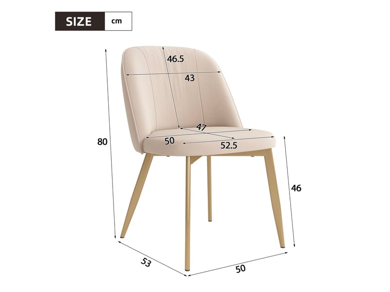  Lot de 4 chaises de salle à manger en velours beige, dossier semi-enveloppant ergonomique, pieds en métal doré, assise rembourrée, charge 150 kg  - Conforama E