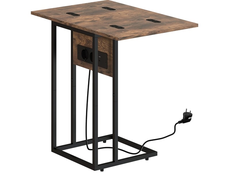 Table d'appoint pliable en c avec plateau extensible et station de charge pour salon, bois et métal, marron rustique - Conforama A