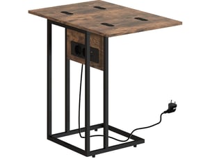 Table d'appoint pliable en c avec plateau extensible et station de charge pour salon, bois et métal, marron rustique