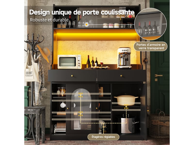  Buffet cuisine 4 portes dont 2 vitrées et 2 tiroirs, 120 x 40 x 180 cm, éclairage led, étagères réglables et anti-basculement, mdf, noir Morn Vibe - Conforama E