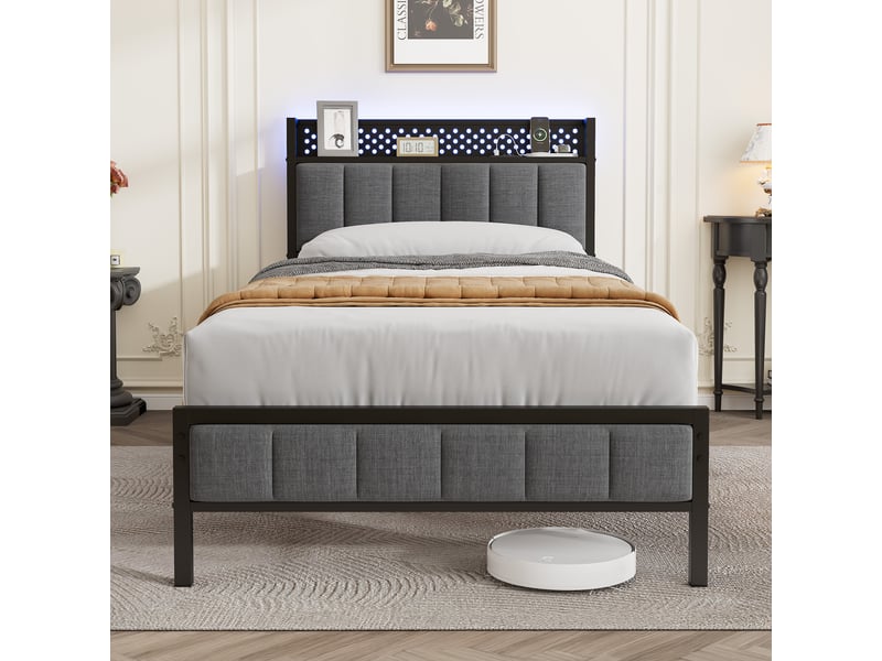  Lit simple 90x200 cm métal noir, tête de lit rembourrée rayée, 2 usb, tablette 18cm, rangement sous lit 27cm  - Conforama D