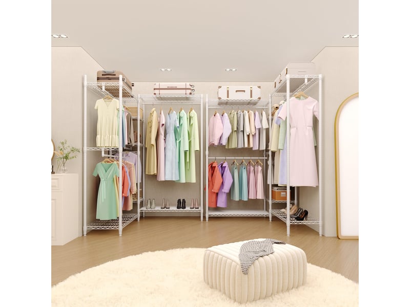  Portant à vêtements en métal robuste en l – 4 tringles &amp; 7 étagères réglables – coin de chambre, grand capacité  – (2x3x2 étages) PHK_36PBLPAP - Conforama B