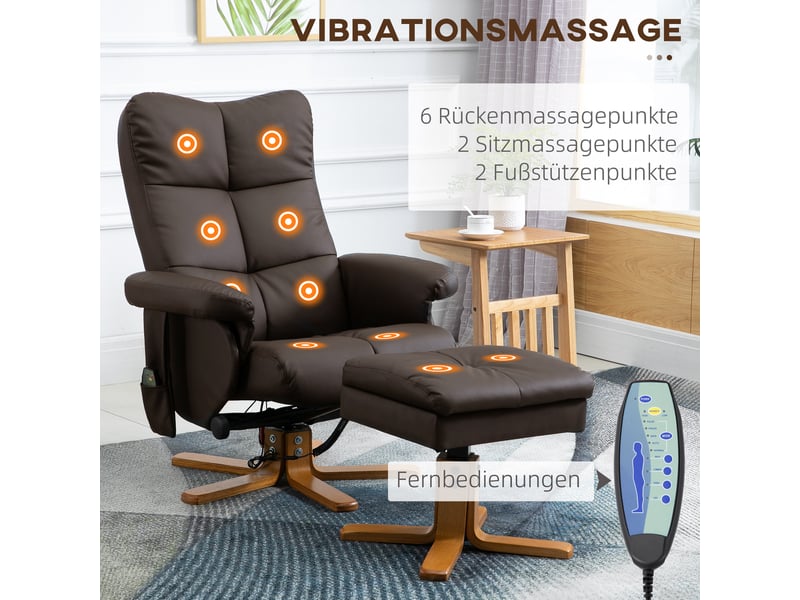  Fauteuil relax massant avec pouf, inclinaison 145°, similicuir marron, pivotant à 360° pour salon  - Conforama B