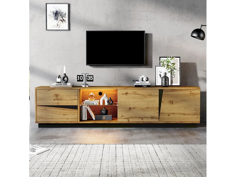 Meuble tv 180x35x45 cm mdf naturel et noir avec led, 2 tiroirs et 2 portes - Conforama E