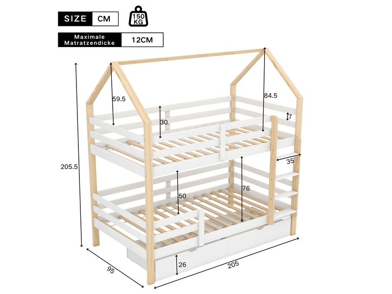  Lit enfant superposé 90x200 cm avec sommier à lattes, blanc + couleur bûche, lit superposé pour enfants avec tiroirs extra larges  - Conforama W