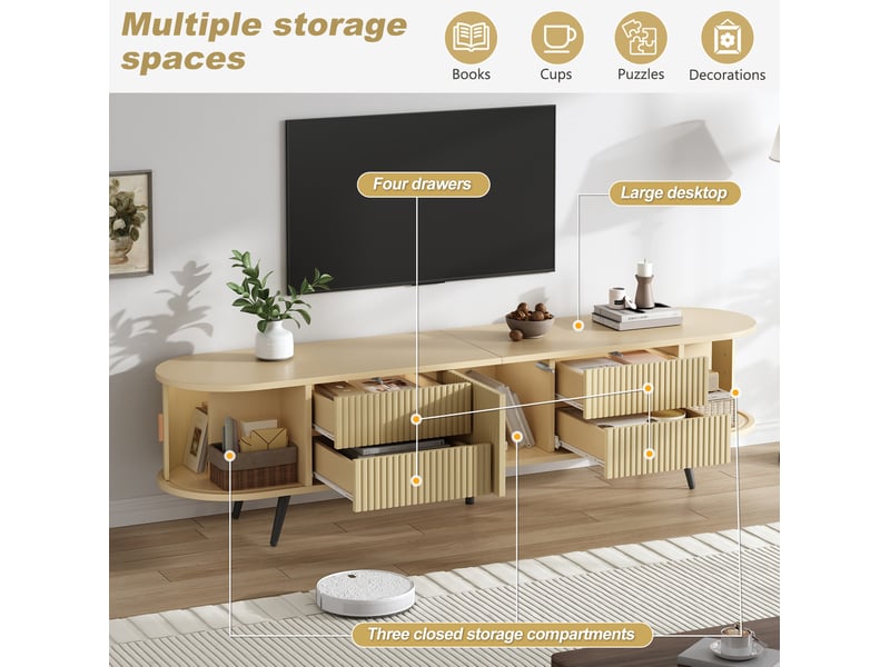  Meuble tv tcqpz ovale 180 x 40 x 45 cm 4 tiroirs porte tambour mdf coloris bois naturel jusqu’à 80 pouces  - Conforama E