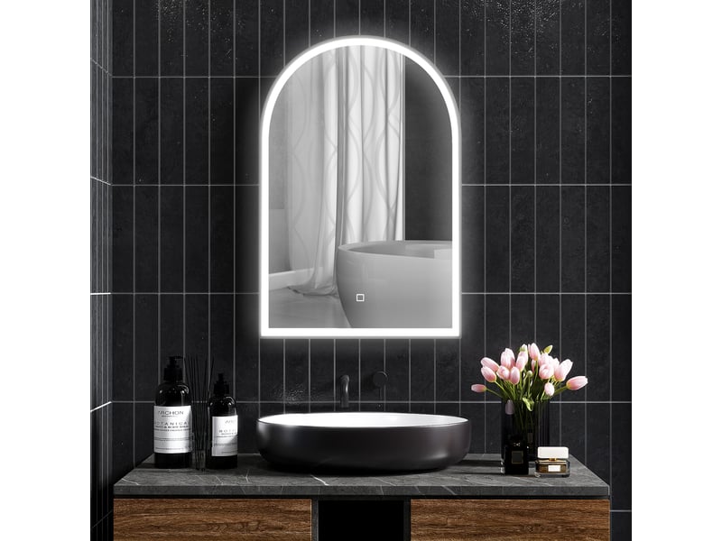 Miroir de salle de bain led 90 x 60cm, mural, 3 couleurs, arqué cadre en aluminium, désembuage et interrupteur tactile - Conforama D