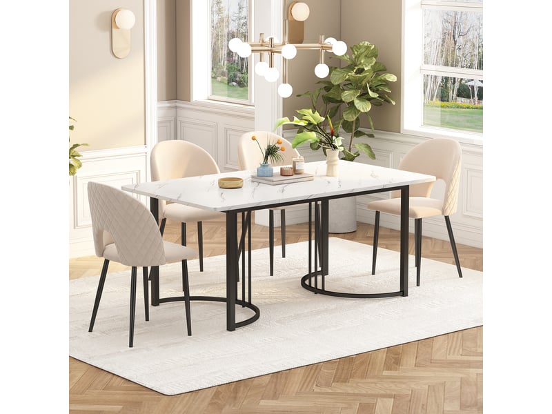  Table de salle à manger rectangulaire avec pieds réglables, motif marbre, en mdf et métal, blanche, 140 × 80 × 75 cm  - Conforama B