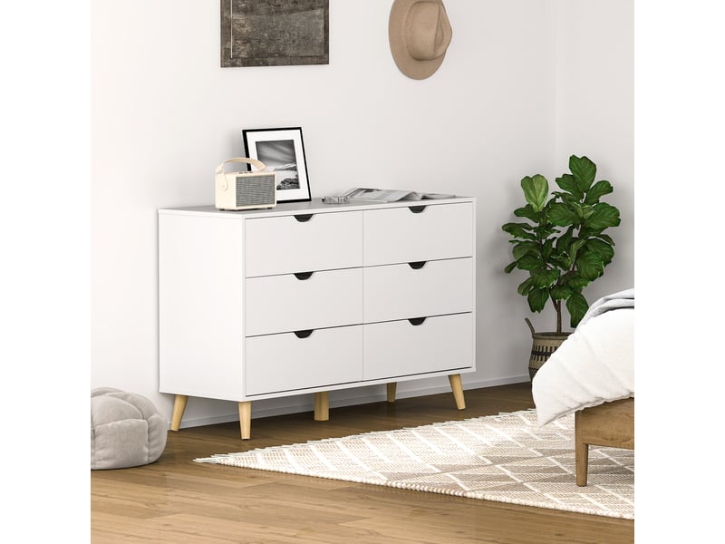  Commode à 6 tiroirs avec poignées stratifiées, en pin, 120 x 40 x 76 cm, coloris blanc et bois.  - Conforama C