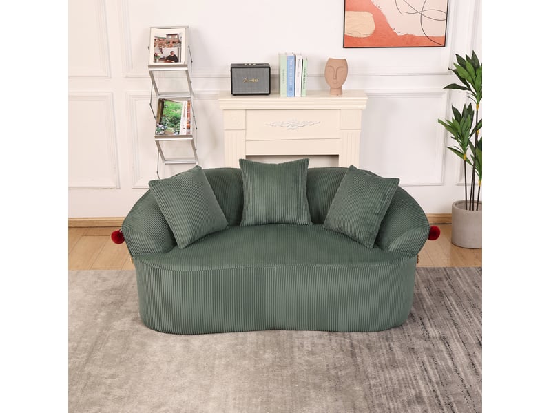  Canapé droit 2 places courbé sans cadre rigide avec 3 coussins et coussin en chenille côtelée verte  - Conforama B