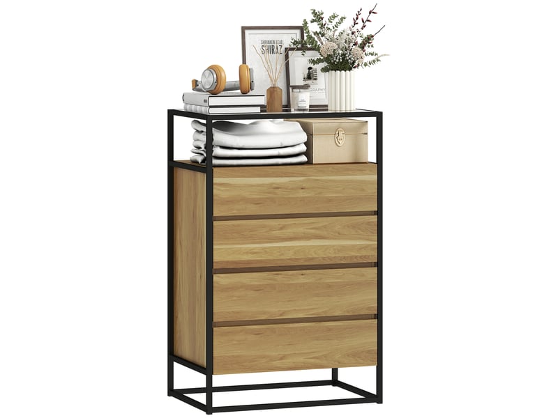  Commode à 4 tiroirs, étagère ouverte, acier, verre trempé  - Conforama A