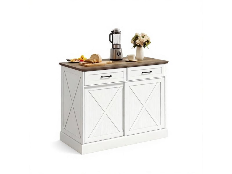 Îlot de cuisine multifonction avec portes coulissantes et 2 tiroirs, plateau marron antique et corps blanc, 106x57x92 cm - Conforama A
