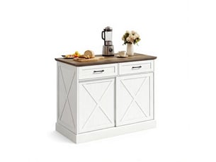 Îlot de cuisine multifonction avec portes coulissantes et 2 tiroirs, plateau marron antique et corps blanc, 106x57x92 cm