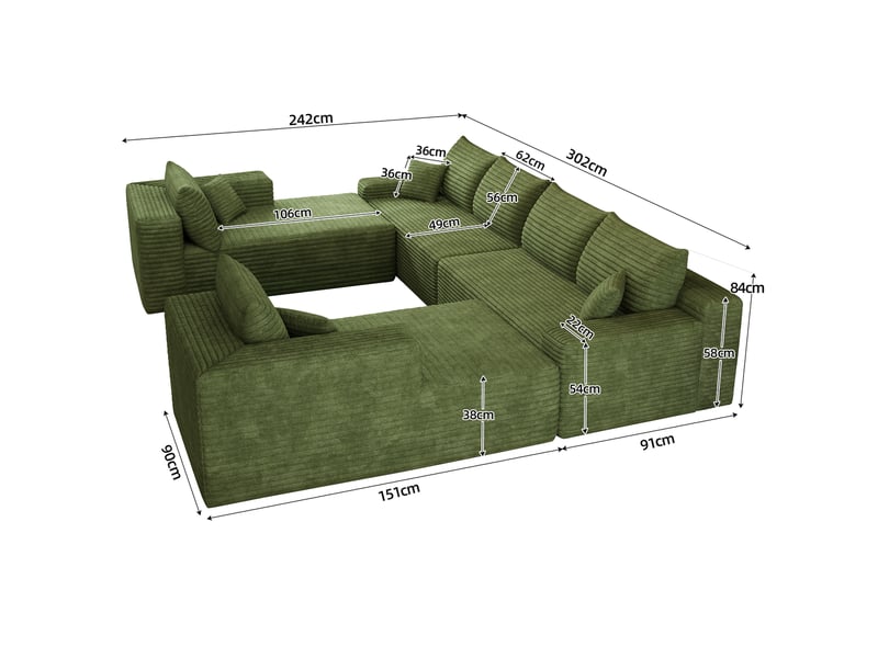  Canapé modulable convertible 2 places 302 x 242 x 83 cm, canapé-lit sans structure, rembourrage mousse, design minimaliste, velours côtelé, vert Bliss Lite - Conforama C