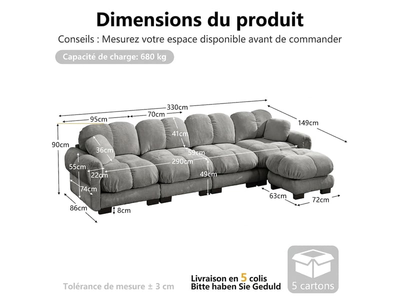  Canapé d'angle 4 places en l modulable chenille 330 x 149 x 90 cm gris clair confort soutenu  - Conforama C