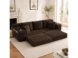 Canapé droit convertible   4 places Velours côtelé marron avec coffre de rangement