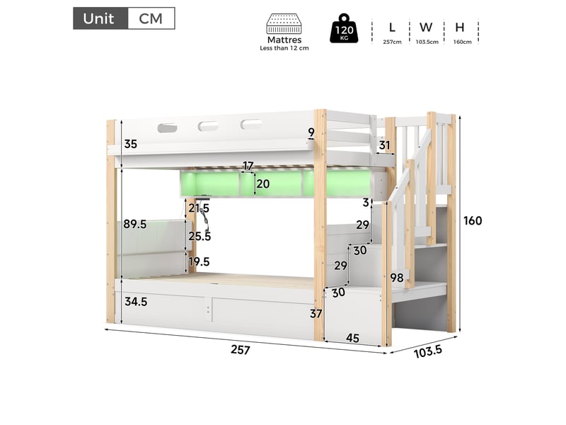 Lit superposé enfant 2 x 90x200 cm avec rangement hydraulique, led et usb - Conforama C