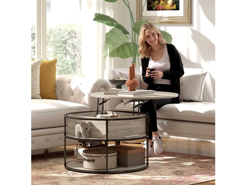  Table basse ronde 80x80 cm plateau relevable panneau de particules chêne  - Conforama E