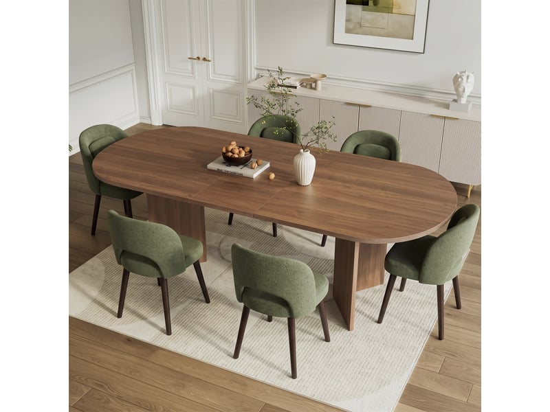 Ensemble table et 6 chaises de salle à manger, table extensible 160200 x 90 cm noyer, chaises vertes en bois d’hévéa avec coussin en mousse - Conforama D