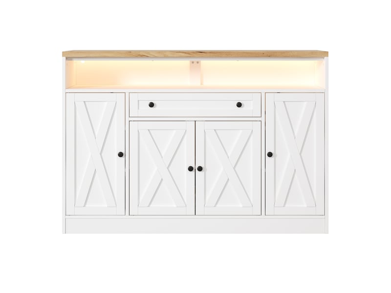  Buffet de cuisine 140x35x95 cm - éclairage led - grand rangement - commande par application - 4 portes - avec tiroirs - mdf - vaisselier - blanc CozyNest - Conforama A