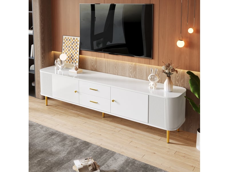  Meuble télévision 170x34x45 cm, bords arrondis, côtés ondulés, 2 tiroirs, 2 portes, espace de rangement, en mdf blanc  - Conforama B