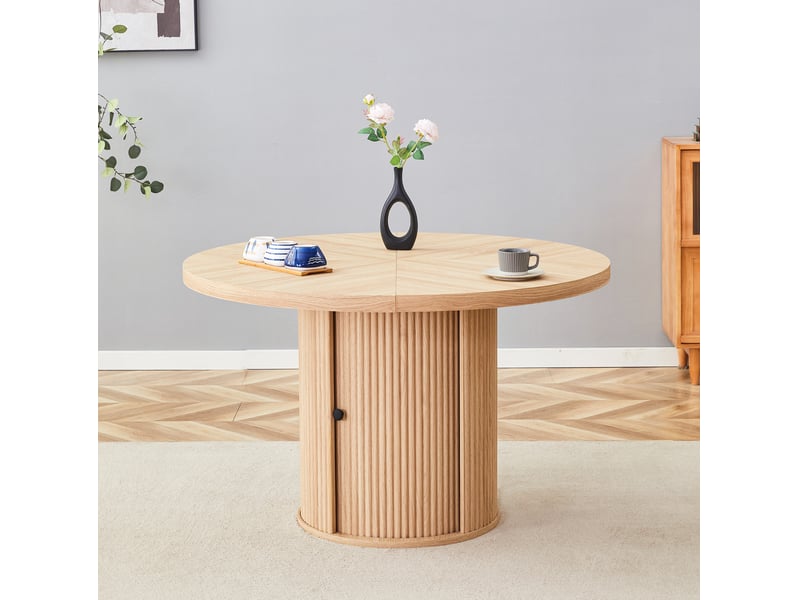  Table à manger ronde 115 cm avec rangement intégré, mdf décor bois clair, 4 à 6 personnes  - Conforama E