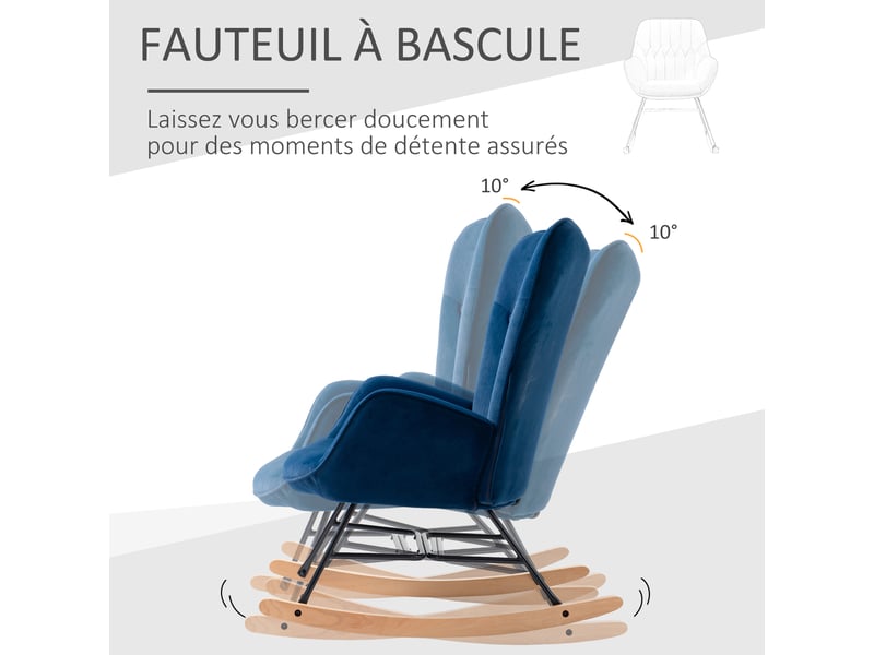 Fauteuil à bascule, rocking chair, fauteuil allaitement confortable avec structure en bois massif et métal pour salon, chambre, balcon, velours bleu - Conforama E