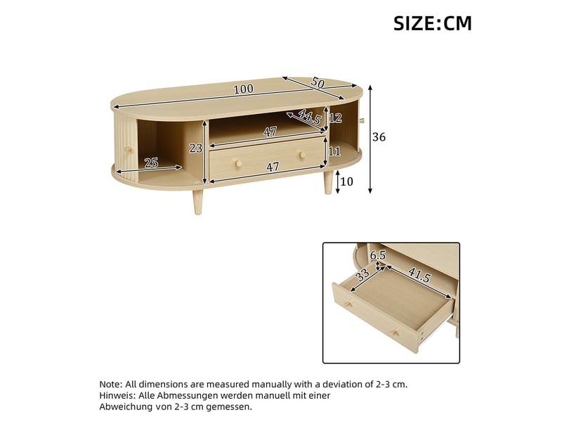  Table basse avec un tiroir et des espaces de rangement ouverts, 4 pieds, couleur chêne  - Conforama C
