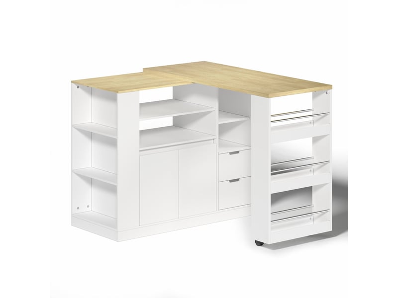  Desserte de cuisine 115 x 50 x 92 cm blanc et naturel mdf, plateau rotatif et extensible avec rangements  - Conforama D