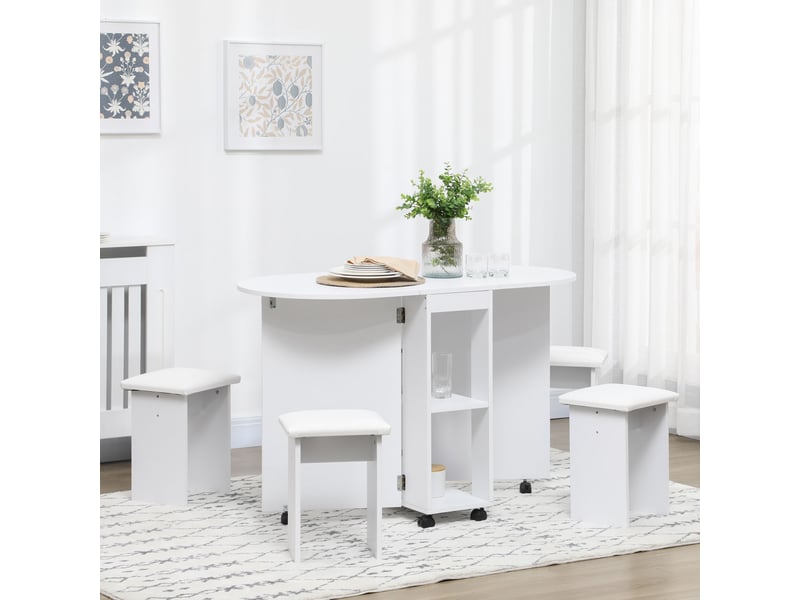  Ensemble de cuisine 5 pièces, table pliante avec 2 étagères et 4 tabourets en aggloméré, blanc  - Conforama C
