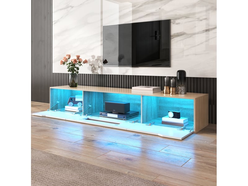  Meuble tv modenvie led 180 x 35 x 30 cm blanc brillant et bois clair  - Conforama D