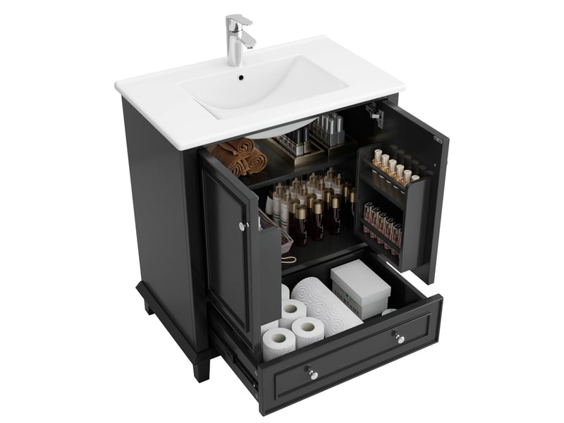  Meuble vasque sur pied noir, 76 x 46 x 87 cm, en mdf et céramique, avec pieds en bois massif et vasque intégrée  - Conforama A