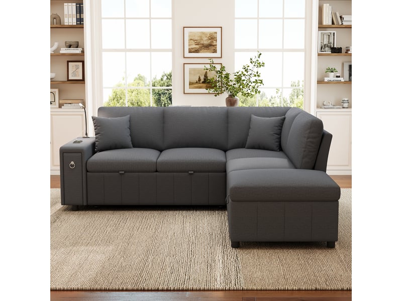 Canapé d'angle convertible, gris 5 places canapé lit, avec pouf coffre de rangement, liseuse et ports usb pour salon, 213x184x88cm - Conforama D