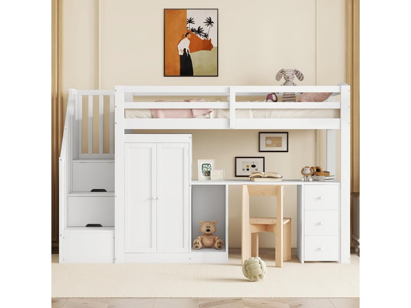 Lit mezzanine 90 × 200 cm 1 place avec bureau, armoire, 3 tiroirs et escalier de rangement, sans matelas, blanc - Conforama B