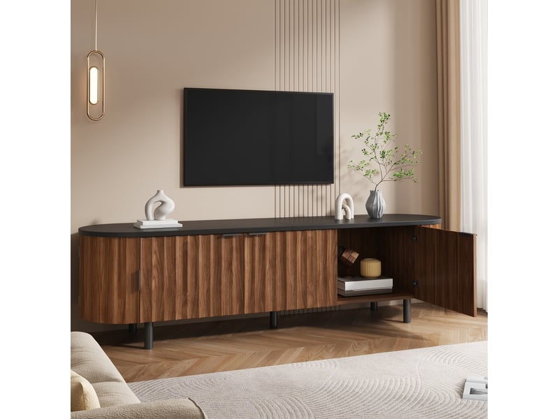  Meuble tv de salon 170x40x47 cm avec 5 portes rainurées, passe-câbles, structure en mdf, coloris noyer, design moderne  - Conforama E