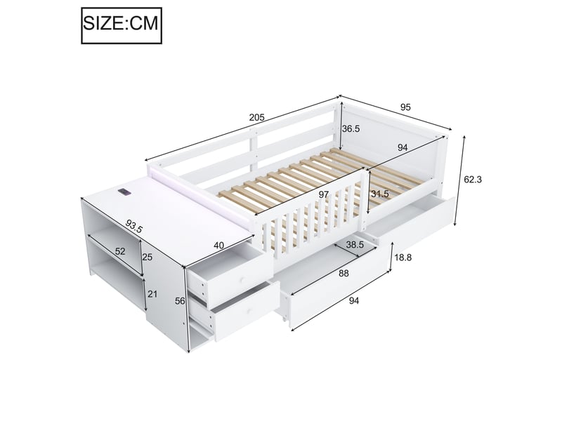  Lit enfant, 90 x 200 cm, avec rangement indépendant, led, barrière de sécurité, matelas non inclus, bois, coloris blanc  - Conforama C