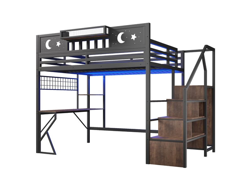 Lit mezzanine, 140 × 200 cm, noir, mdf et métal, rangements, panneau perforé, bureau, garde-corps, échelle, escalier rangement - Conforama A
