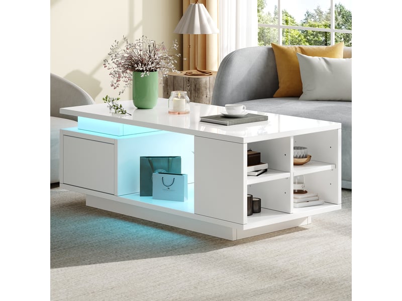  Table basse salon blanc brillant avec led, tiroir espace de rangement et 4 compartiments, 100x50x36cm  - Conforama E