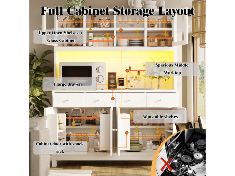  Vaisselier buffet haut de cuisine avec portes en verre 4 tiroirs mdf blanc 140 cm  - Conforama B