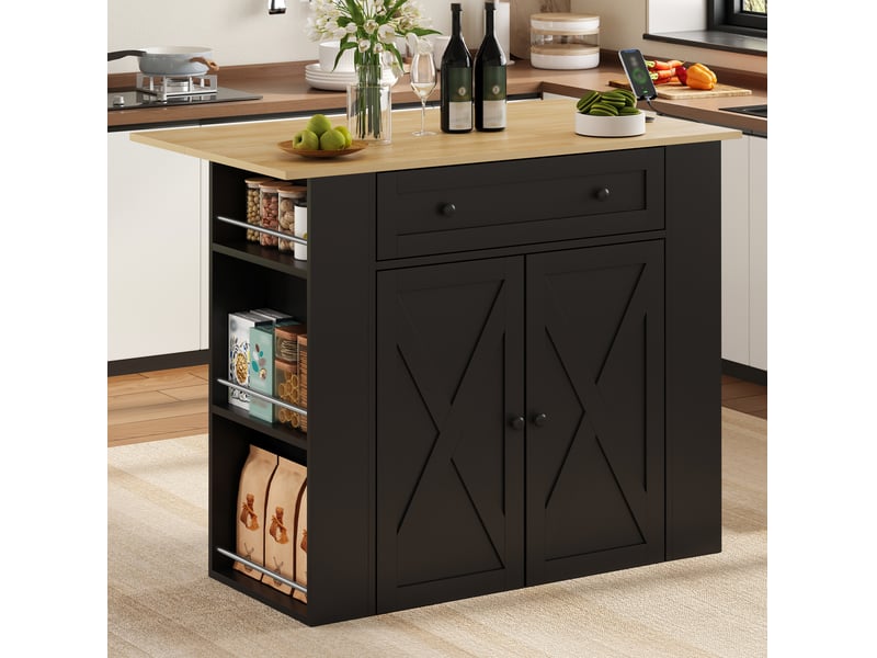  Ilot de cuisine avec plateau rabattable 120x75x97 cm mdf noir  - Conforama W
