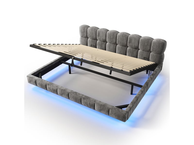  Lit coffre 160x200 cm avec rangement hydraulique, led, usbtype-c, sommier à lattes, design bubble en chenille, gris, sans matelas  - Conforama E