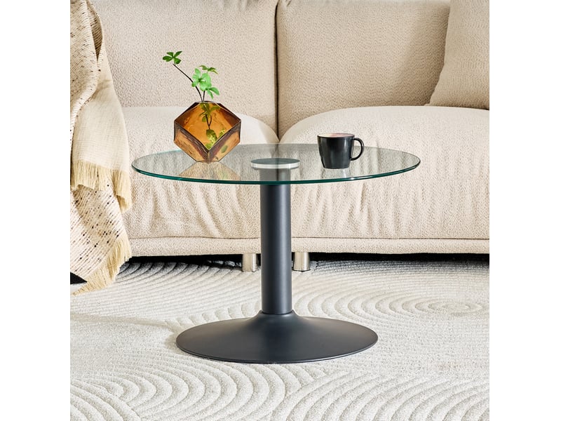  Table basse ronde avec plateau en verre trempé, piètement métallique stable, noire, pour salon, ø 70 cm, hauteur 45 cm  - Conforama B