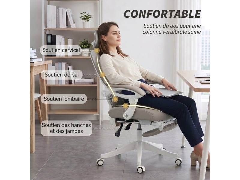  Chaise bureau ergonomique avec appui-tête réglable, fauteuil de bureau inclinable en maille, dossier séparé, gris  - Conforama D