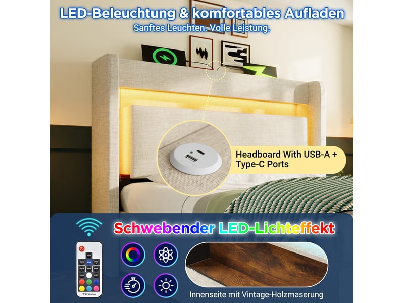  Lit coffre beige 90x200 cm avec led et usb  - Conforama E