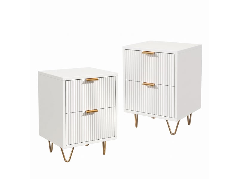  Lot de 2 tables de chevet 40, 2 tiroirs, meuble de rangement avec façade ondulée, pieds métal, table de nuit pour chambre et salon, style modernescandinave(40x40x55cm, blanc)  - Conforama A